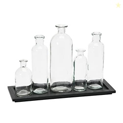 Creative Co-Op Wood Tray with Vintage Glass Bottle Vases, Black, Set o