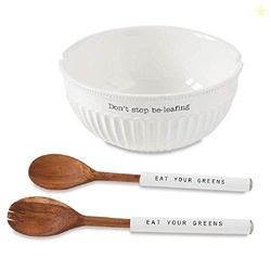 Mud Pie Dolomite, wood Don't Stop Be-Leafing Salad Bowl Set, 32 oz, Wh