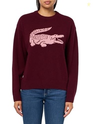 Lacoste Women's Big Croc Crewneck Pullover Sweater, Bordeaux/Light Pin