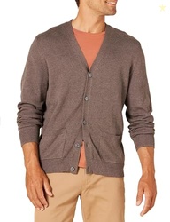 Amazon Essentials Men's V-Neck Cotton Cardigan Sweater, Brown Heather,