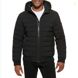 DKNY Men's Quilted Performance Hooded Bomber Jacket, Black Matte Stret