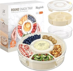 Divided Rotating Serving Tray with Lid and Handle,Portable Snackle Box