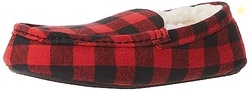 Amazon Essentials Men's Memory Foam Moccasin Slippers, Black Red Buffa