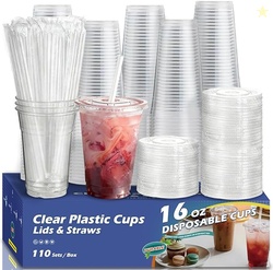 110 Pack 16 oz Plastic Cups with Lids and Straws