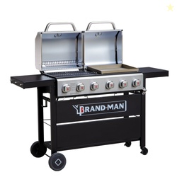 Brand-Man 6-Burner 2 in 1 Propane Gas Grill and Griddle Combo with Dou