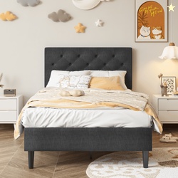 Amolife Twin Size Metal Bed Frame with Upholstered Headboard, Dark Gra