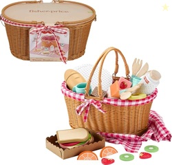 Fisher-Price Wood Pretend Play Toy Picnic Basket, 31-Piece Wooden Food