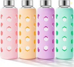Mrsdry Glass Juice Bottles with Lids and Silicone Sleeves, 4-Pack 