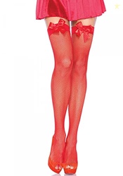 Leg Avenue Women's Satin Bow Fishnet Thigh Highs, Red, One Size