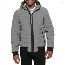 DKNY Men's Quilted Performance Hooded Bomber Jacket, Heather Grey Matt