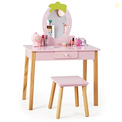 HONEY JOY Kids Vanity, Strawberry Themed Princess Makeup Vanity Set fo