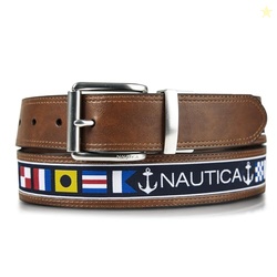 Nautica Mens Reversible Flag Canvas and Leather Belt | 2-in-1 | Classi
