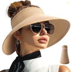 PFFY Sun Visors Hats for Women Wide Brim Straw Visor Packable Foldable
