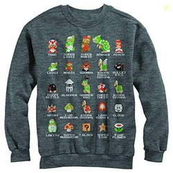 Nintendo Men's Pixel Cast- Crew Fleece Crew Fleece, X-Large, Charcoal 