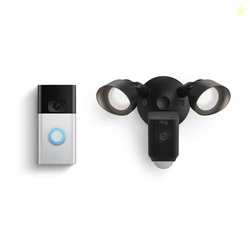 Ring Floodlight Cam Wired Plus, Black with Ring Video Doorbell, Satin 