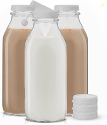 JoyJolt Glass Milk Bottles with Lids, 3 Pack 