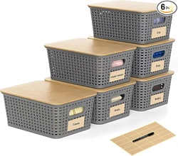 Plastic Storage Baskets with Bamboo Lids, 6 Packs