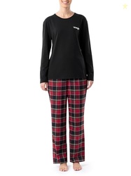 Wrangler Women's Jersey Top and Flannel Pant Sleep Pajama Set, Black/M