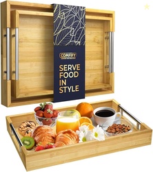 Bamboo Serving Trays with Stainless Steel Handles  2-Piece