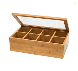 Lipper International Bamboo Wood Tea Box with Clear Lid, 8 Compartment