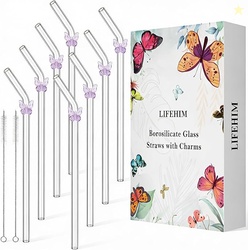 8 Pack Amethyst Elegance Glass Straws with Butterfly Charms, Reusable 