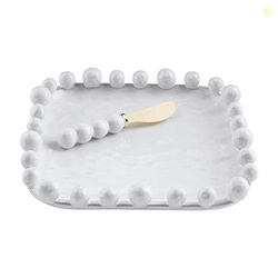 Mud Pie Beaded Boxed Cheese Set, Plate 9" x 9" | Spreader 6 1/2", Whit