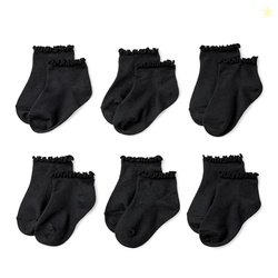 Amazon Essentials Girls' Lettuce Edge Ankle Socks, 6 Pairs, Black, Med