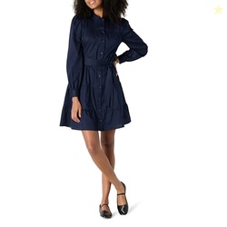Amazon Essentials Women's Regular-Fit Tiered Shirt Dress, Navy, Large
