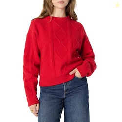Amazon Essentials Women's Relaxed-Fit Cable Crewneck Sweater, Red, Med