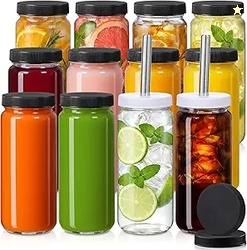 12 Pack Glass Juice Bottles with 12 Lids & 2 Straw Lids & Straw 