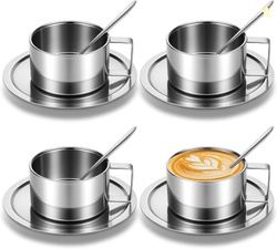 4 Pack Stainless Steel Coffee Cup with Saucer and Spoon