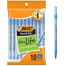 BIC Round Stic Xtra Life Blue Ballpoint Pens, Medium Point (1.0mm), 10