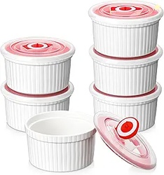 MALACASA Ramekins with Lids 8 oz - Set of 6 White Porcelain Creme Brul