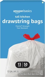 Amazon Basics Flextra Tall Kitchen Drawstring Trash Bags 13 Gallon, 50