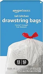 Amazon Basics Flextra Tall Kitchen Drawstring Trash Bags 13 Gallon, 50
