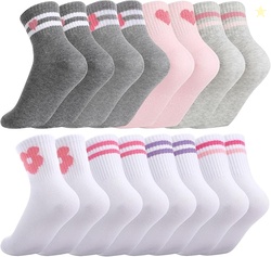 Kids Girls Crew Socks - Cotton Athletic Socks with StripeHearts Multic