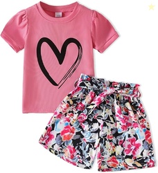 Kids Girl Clothes Heart Print Short Sleeve Top and Shorts Cute Girl Su