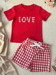 2 Pcs Toddler Short Sleeve Outfit Set Xmas Soft Breathable Gingham Shi