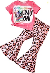 Ayzozuy Kids Toddler Girl Clothes Letter Print Graphic Top + Leopard P