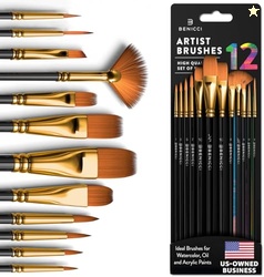 Professional Artist Paint Brush Set of 12 - Painting Brushes Kit for K