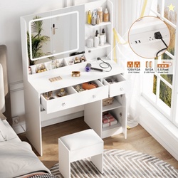 Satifur White Vanity Desk Set with Mirror and Lights Makeup Table with