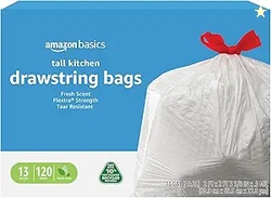 Amazon Basics 13 Gallon Tall Kitchen Drawstring Trash Bags Flextra Str