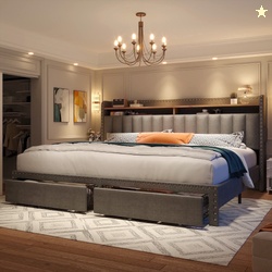 EnHomee Upholstered King Size Bed Frame with Headboard and Storage Kin