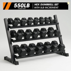 Mikolo Rubber Hex Dumbbell Set with Racks Options in 550lbs Strength T