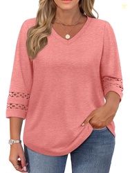 WellSize 3/4 Sleeve Womens Plus Size Tops V Neck Trendy Tunic Blouses 