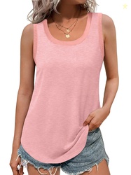 MOSHU Ribbed Trim Tank Tops for Women Flowy Round Neck Women Shirts Lo