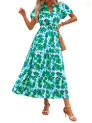 PRETTYGARDEN Summer Maxi Dress for Women Casual Wear To Work V Neck Pu