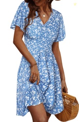 UVN Summer Dresses for Women Short Sleeve V Neck A-Line Midi Dress Boh