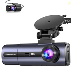 3-Channel 4K Dash Cam with WiFi, 4K+1080P+1080P Front/Inside/Rear, Nig
