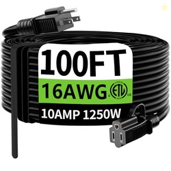 HUANCHAIN Indoor Outdoor Black Extension Cord 100 ft Waterproof, 16/3 